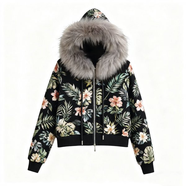 Women's Tropical Floral Print Faux Fur Hooded Jacket