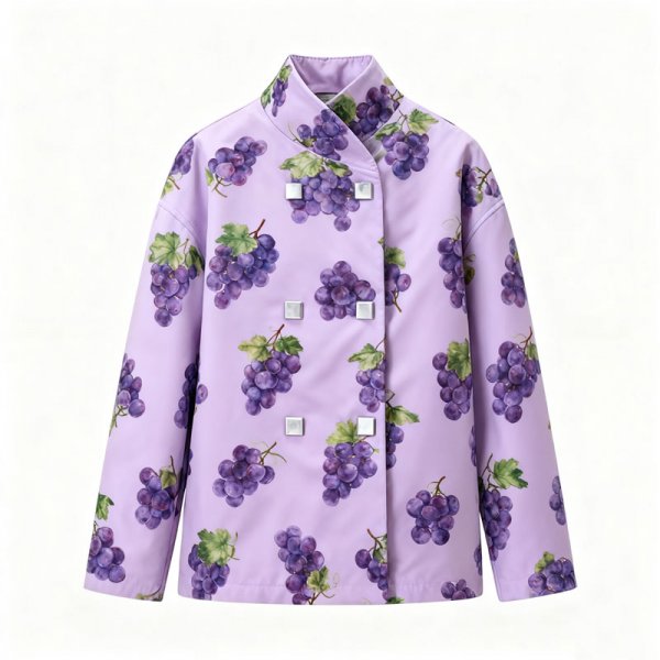 Women's Lavender Grape Print Mandarin Collar Jacket with Square Buttons