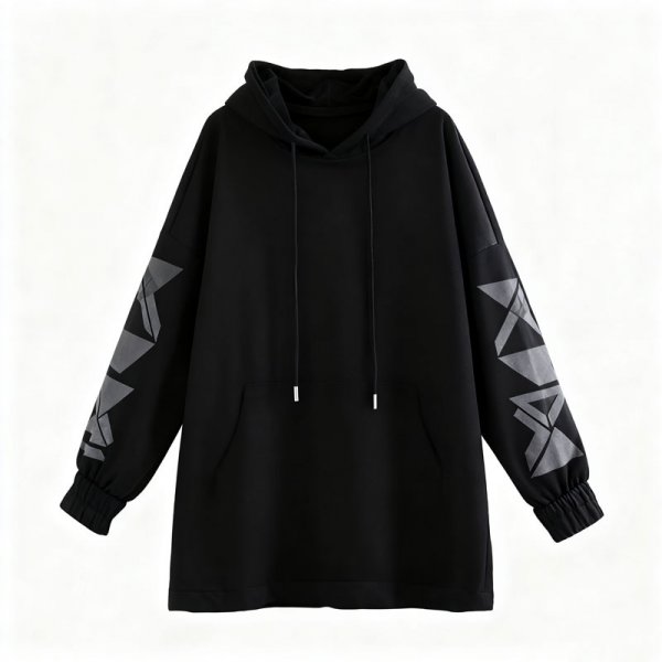 Women's Black Oversized Hoodie with Gray Geometric Star Sleeve Print