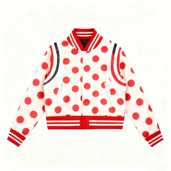 Women's Cream & Red Polka Dot Satin Varsity Jacket