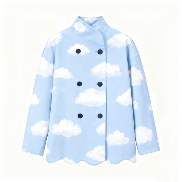 Women's Light Blue Cloud Print Mandarin Collar Jacket with Scalloped Hem
