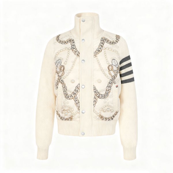 Women's Cream Chain & Pearl Detail Quilted Bomber Jacket