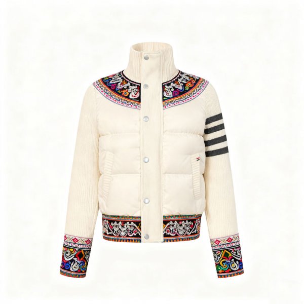 Women's Cream Ethnic Embroidery Quilted Bomber Jacket