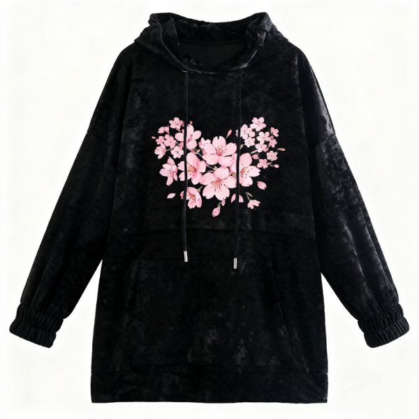 Women's Black Velvet Hoodie with Pink Cherry Blossom Heart Print