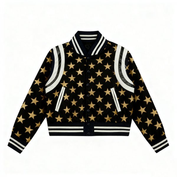 Women's Black & Gold Star Print Satin Varsity Jacket