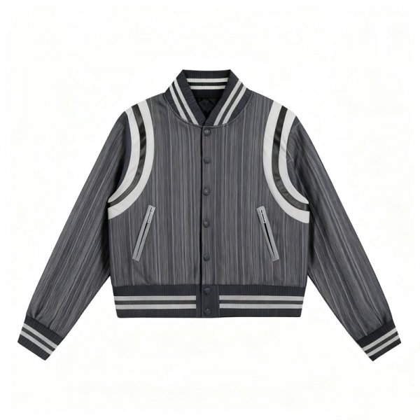 Women's Gray Vertical Stripe Texture Varsity Jacket
