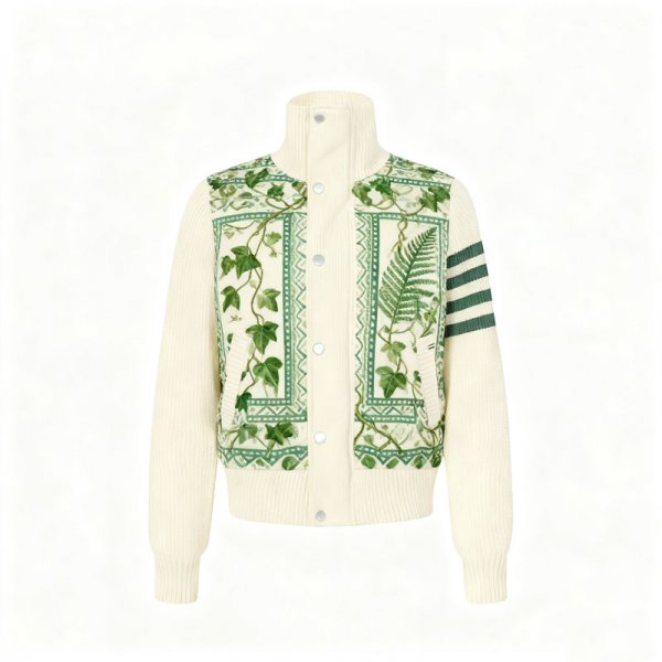 Women's Cream Ivy & Fern Plant Print Quilted Bomber Jacket