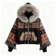 Women's Ethnic Geometric Print Fringe Trim Faux Fur Hooded Jacket