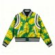 Women's Green & Yellow Tropical Leaf Print Satin Varsity Jacket